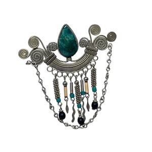Peruvian Brooch Vintage Wire Dangle Chrysocolla Green Stone Pin Jewelry